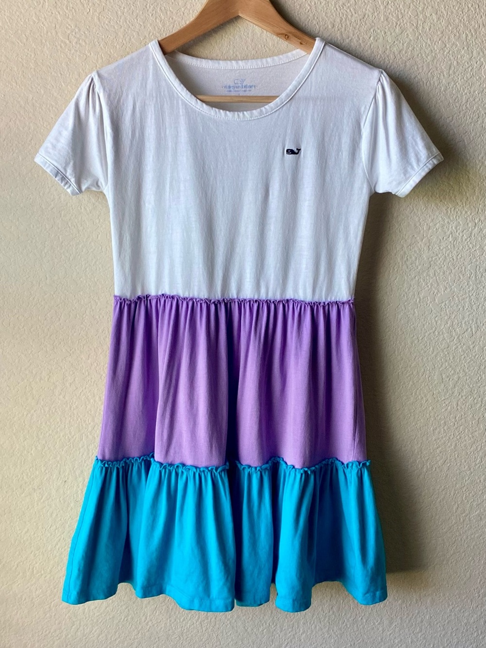 Vineyard Vines Tiered Dress Girl's L 14 White Purple Blue T-shirt Sundress
